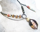 Mist and Music. Rustic victorian tribal mosaic pod necklace with pyrite gemstones.