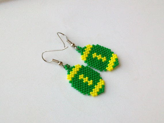 Green and Yellow Beaded Football Earrings