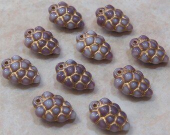 16x11mm 2 Tone Opaque Purple and White with Gold Inlay Czech Grape Cluster Glass Beads - Qty 10 (BS339)