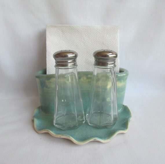 Salt and Pepper Napkin Holder Caddy Seafoam Green Pottery Set