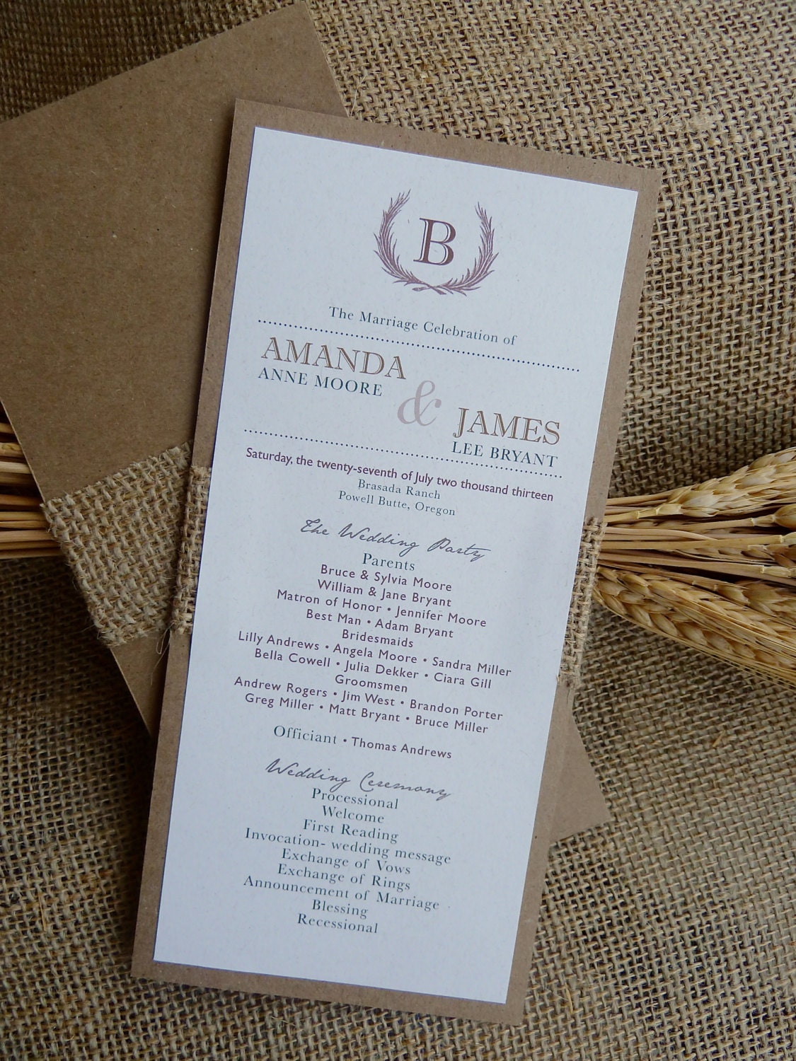 Rustic Fall Wheat Burlap Wedding Program Onepaperheart