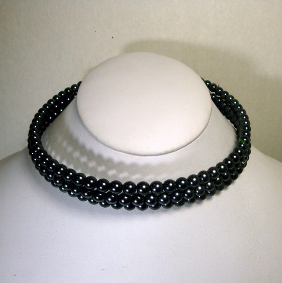 Faux Black Pearl Choker Necklace 3 Sexy Strands of Classic