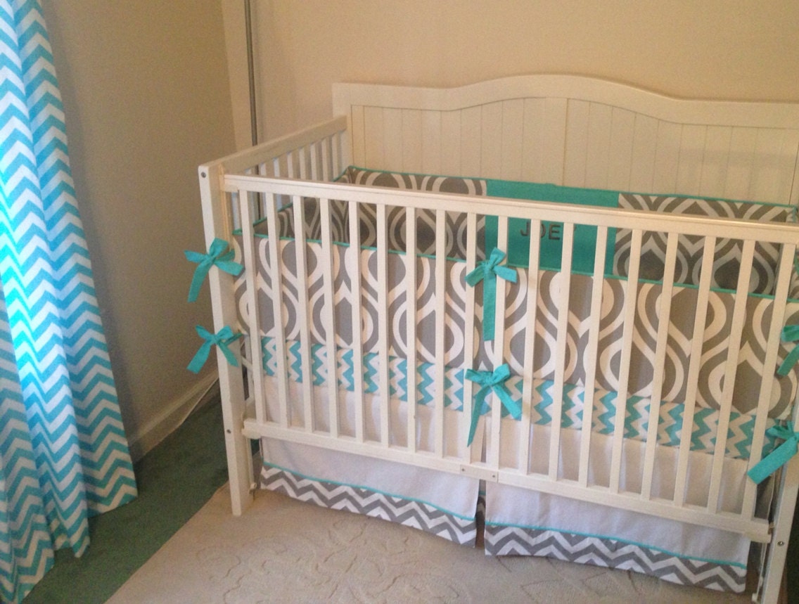 Custom Monogrammed Crib Bedding Gray and Aqua