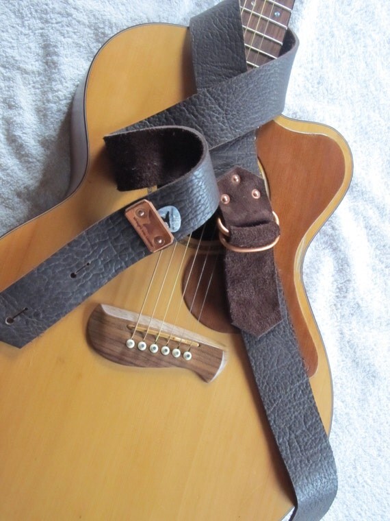 Leather Guitar Strap w/ pick holder Brown with Copper