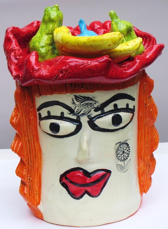 Items similar to lady with a bowl of fruit hat cookie jar on Etsy