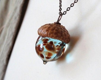 Glass Acorn Necklace - Pale Aquamarine with Brown Flecks by Bullseyebeads