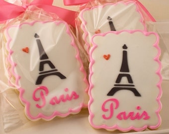 Paris Themed Cookies, Eiffel Tower - 12 Decorated Sugar Cookie Favors