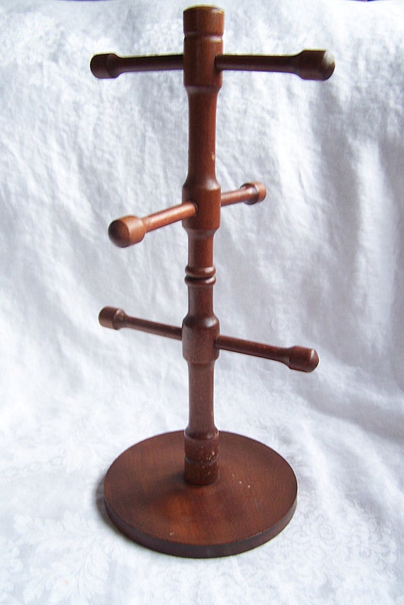 Vintage Wooden Mug Tree with Threaded Wood Branches