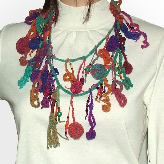 Rainbow Necklace Lariat Belt Freeform crochet tassels OOAK