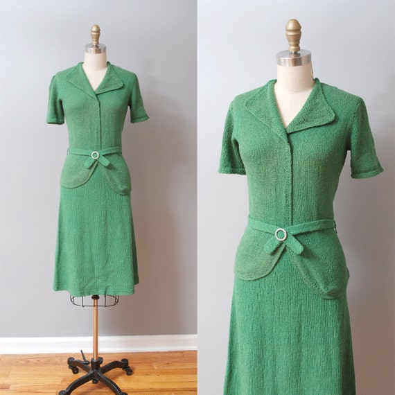 1940s Dress Knit 2 Piece Green 40s Dress by OldFaithfulVintage