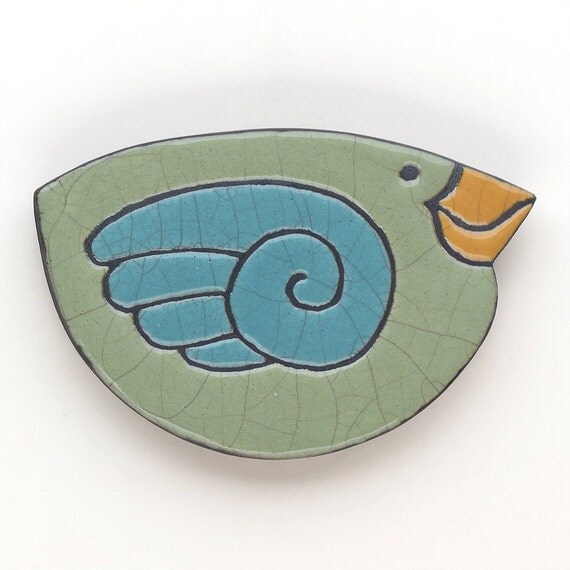 Ceramic Bird Wall ArtOlive GreenRaku Whimsical by DavisVachon