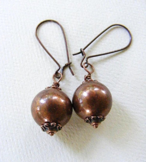 Vintage Copper Bead Earrings Dangles Wire Wrapped by meiguidesigns