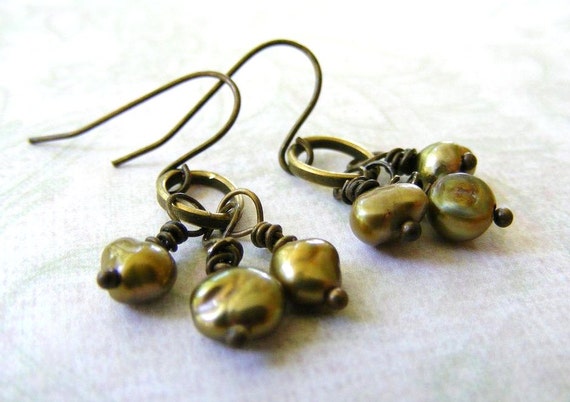 Petite Pearl Dangle Earrings Antique Brass Gold by meiguidesigns