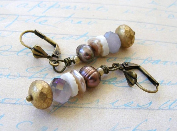 Beaded Earrings Gold Bronze Brass Shell Pearl by meiguidesigns