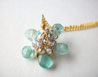 Apatite necklace, wire wrapped gemstone flower necklace with rhinestones