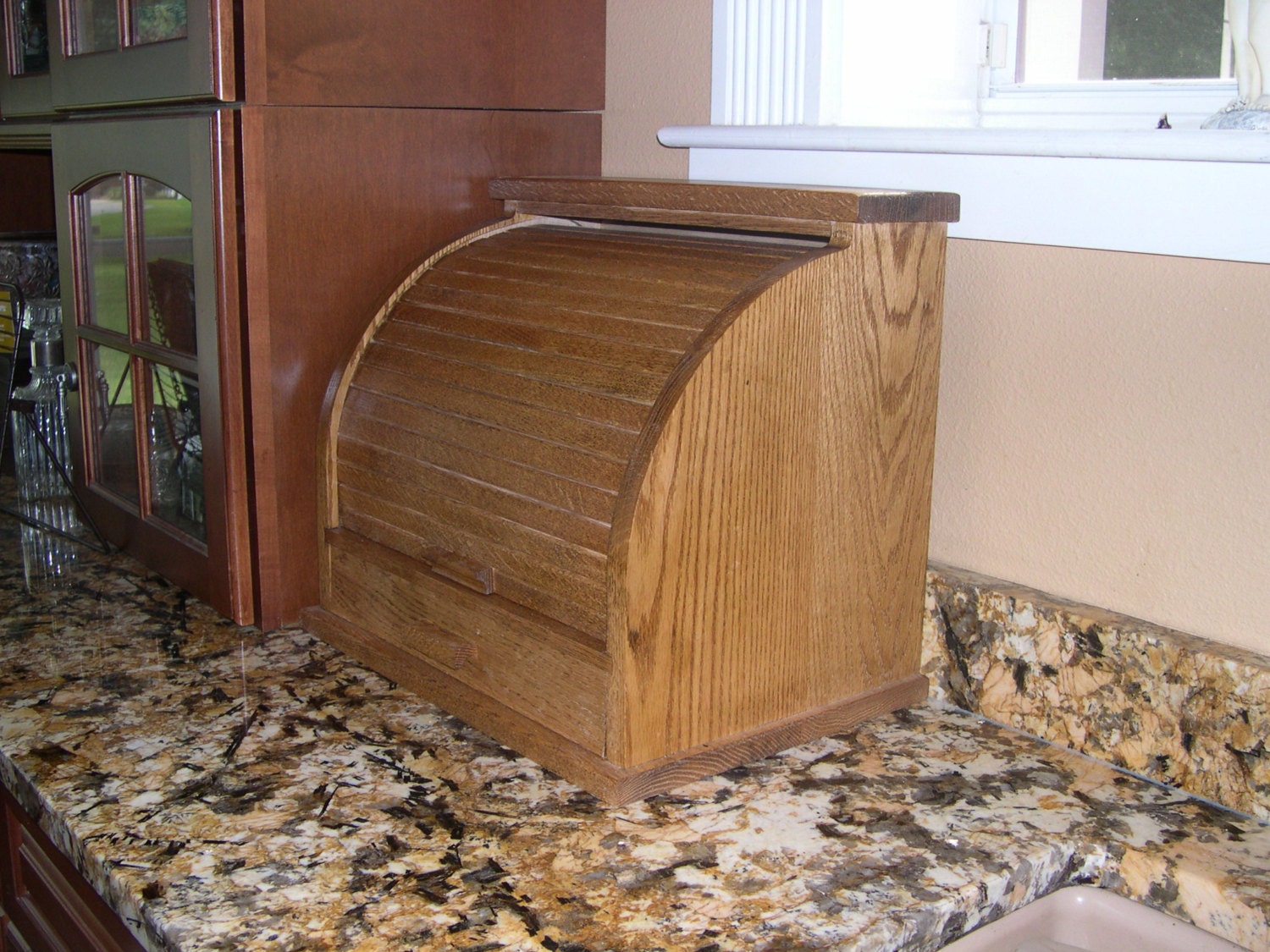 Oak Roll Top Bread Box with Drawer