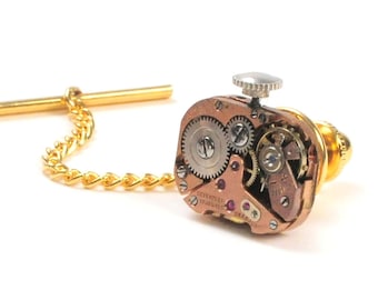 Steampunk Vintage Rose Gold Watch Tie Tack Pin Chain Clip