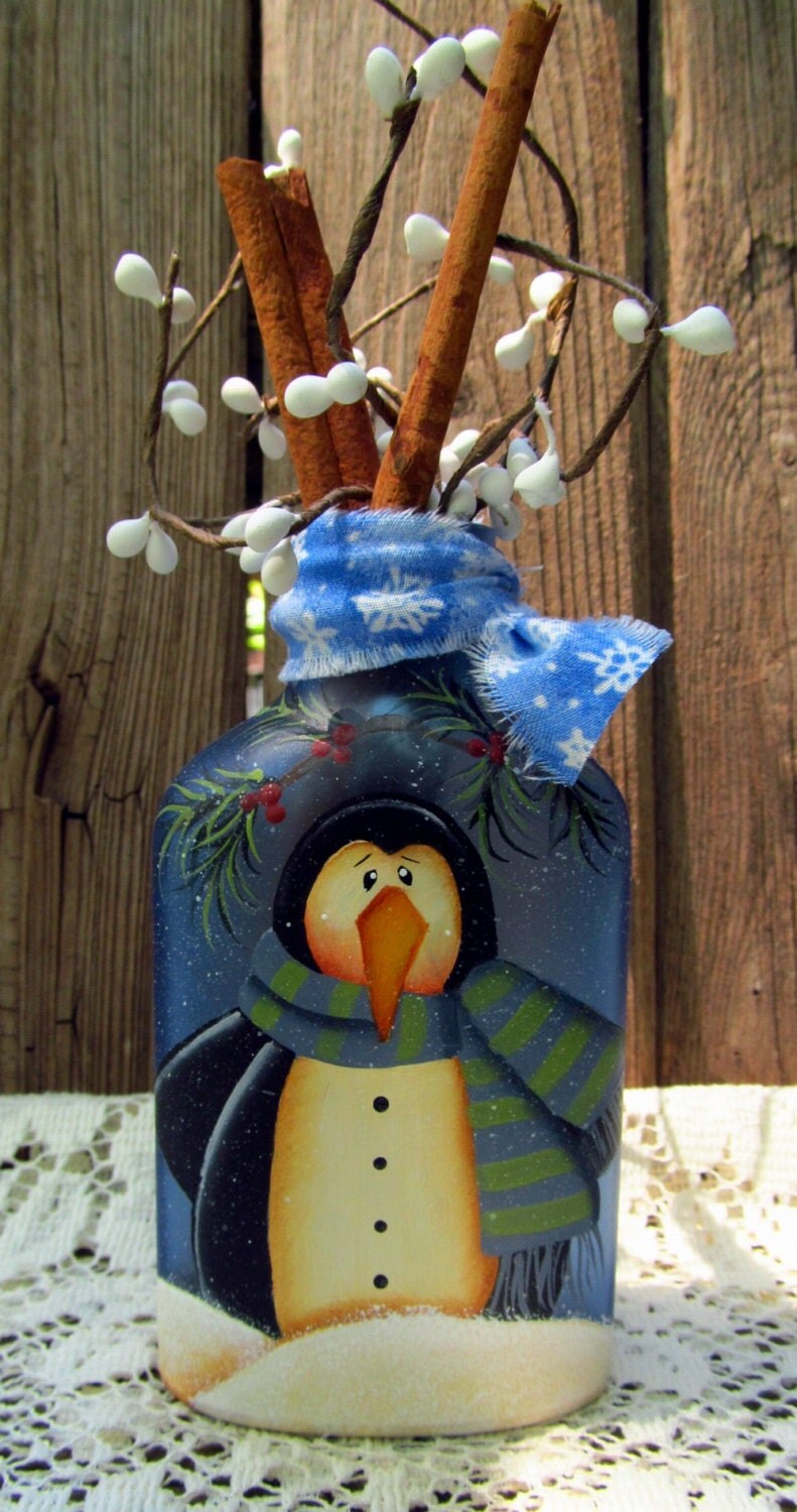 Download Penguin Hand Painted Blue Glass Bottle Winter Christmas Decor Yellowimages Mockups