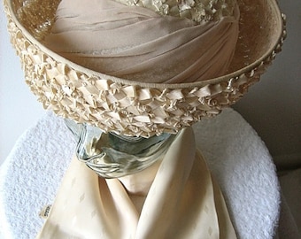 HAT Vintage Pill Box era Costume Jackie O Vogue Cream Straw Sash Bow Wide Brim with SCARF