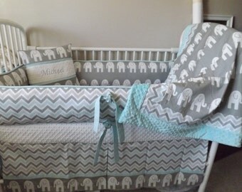 baby boy crib bedding sets baby bedding Elephant aqua and gray READY TO SHIP