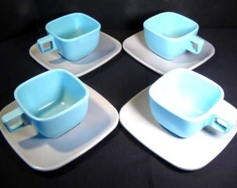 4 sets Retro Brookpark Modern Design Cups and Saucers in Aqua and Grey, HTF, designed by Joan Luntz, 1960s 1950s, TheRetroLife