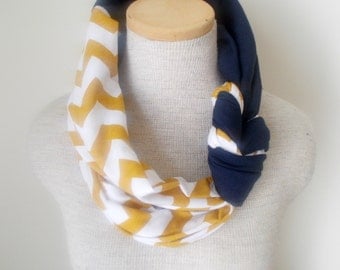 Half Braided Knot Scarf - Mustard and White Chevron and Navy Blue
