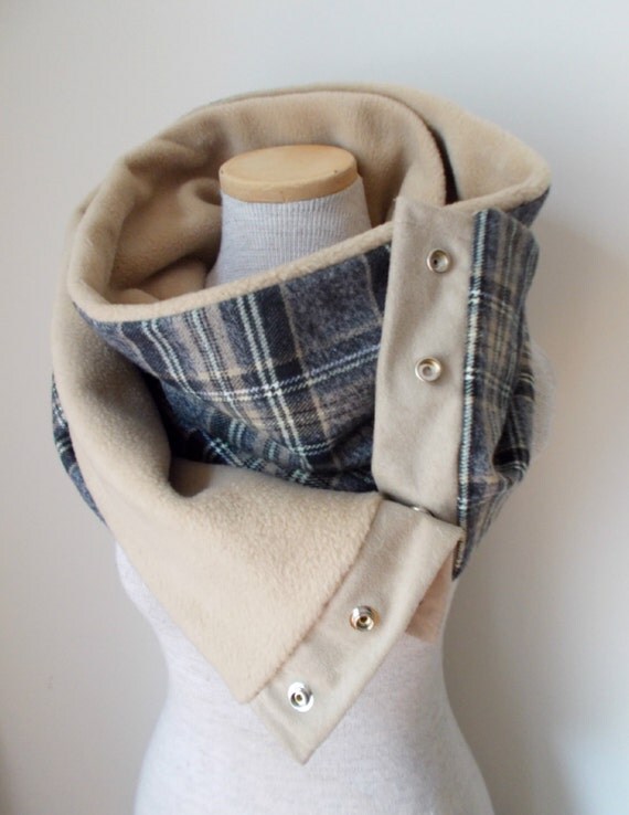 Unisex - Tan Black and Grey Plaid Snap Scarf by MegansMenagerie on Etsy