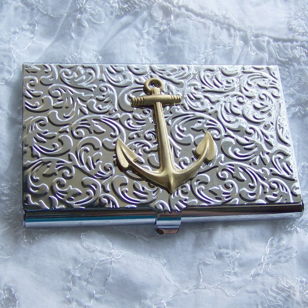 ANCHOR Business Card Holder NAUTICAL Fancy Embossed Brass