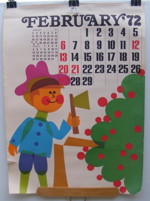 Vintage February 1972 Calendar Poster