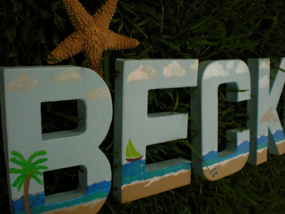 Beach Theme Painted Wall Letters by HappyMooseGardenArt on Etsy