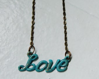 Love Necklace. Verdigris Love Necklace. Patina. Turquoise Necklace. Bridal Necklace. Vintage Inspired.