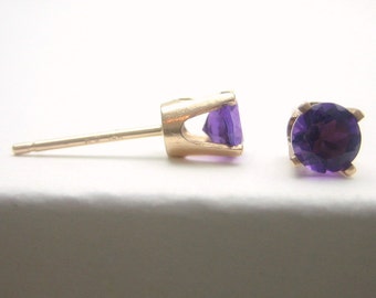 Amethyst 14K Gold Stud Earrings - Gold Earrings - 3 mm 4 mm 5 mm - Post Earrings - Amethyst Earrings - Birthstone Earrings - Solid 14K Gold