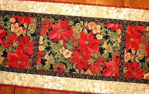 Elegant Christmas Quilted Table Runner with Poinsettias Roses