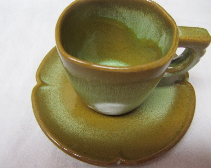 FRANKOMA Praire Green Brown Cup and Saucer, Vintage Pottery Cup and Saucer, Small Coffee Cup and Saucer, Frankoma Pottery, Gift Pottery