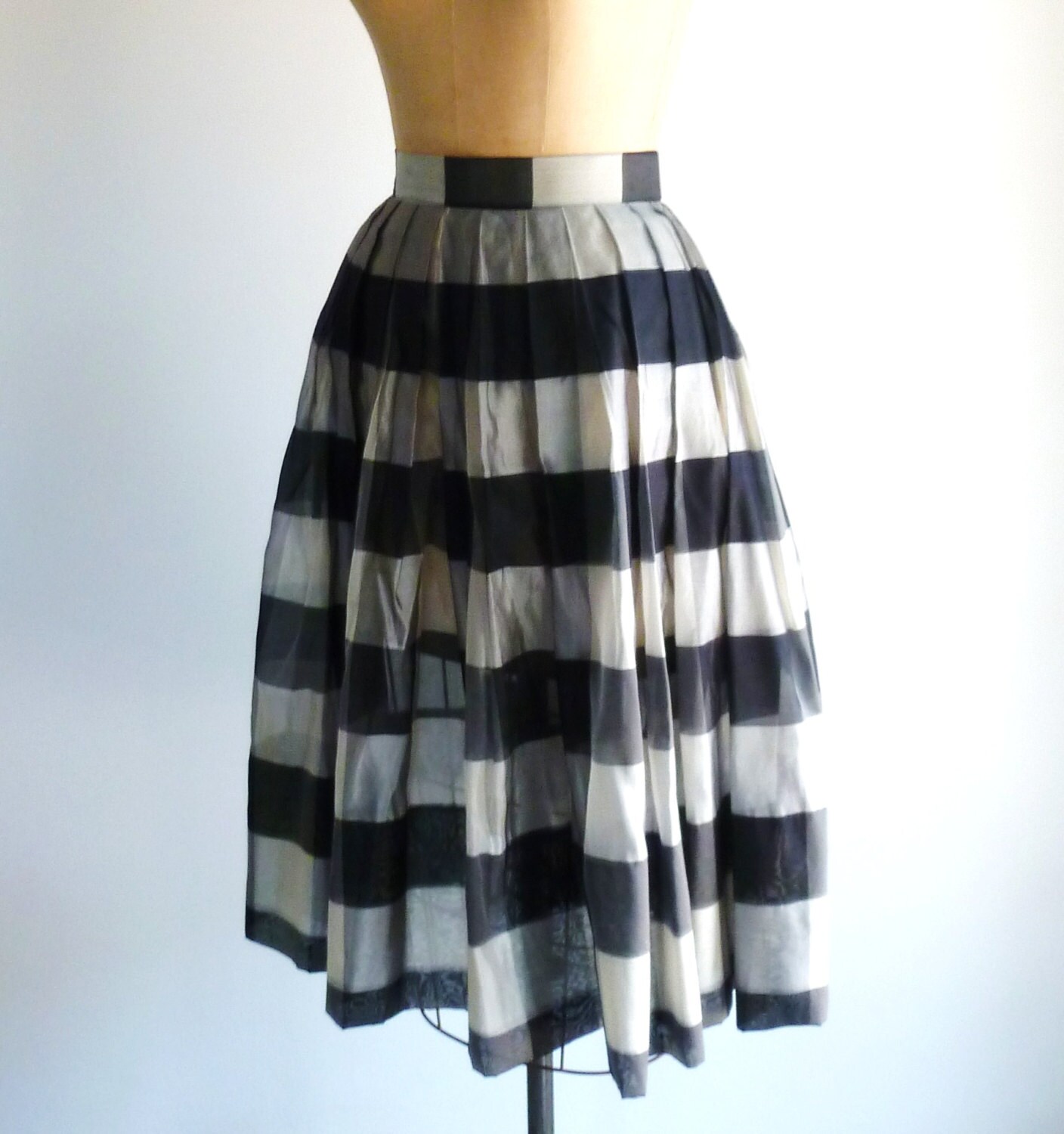 50s Skirt Grey White Stripe Checkered Plaid Vintage Sheer Silk