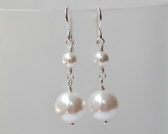 Two Pearl Earrings Swarovski Pearl Double Earrings Bridal