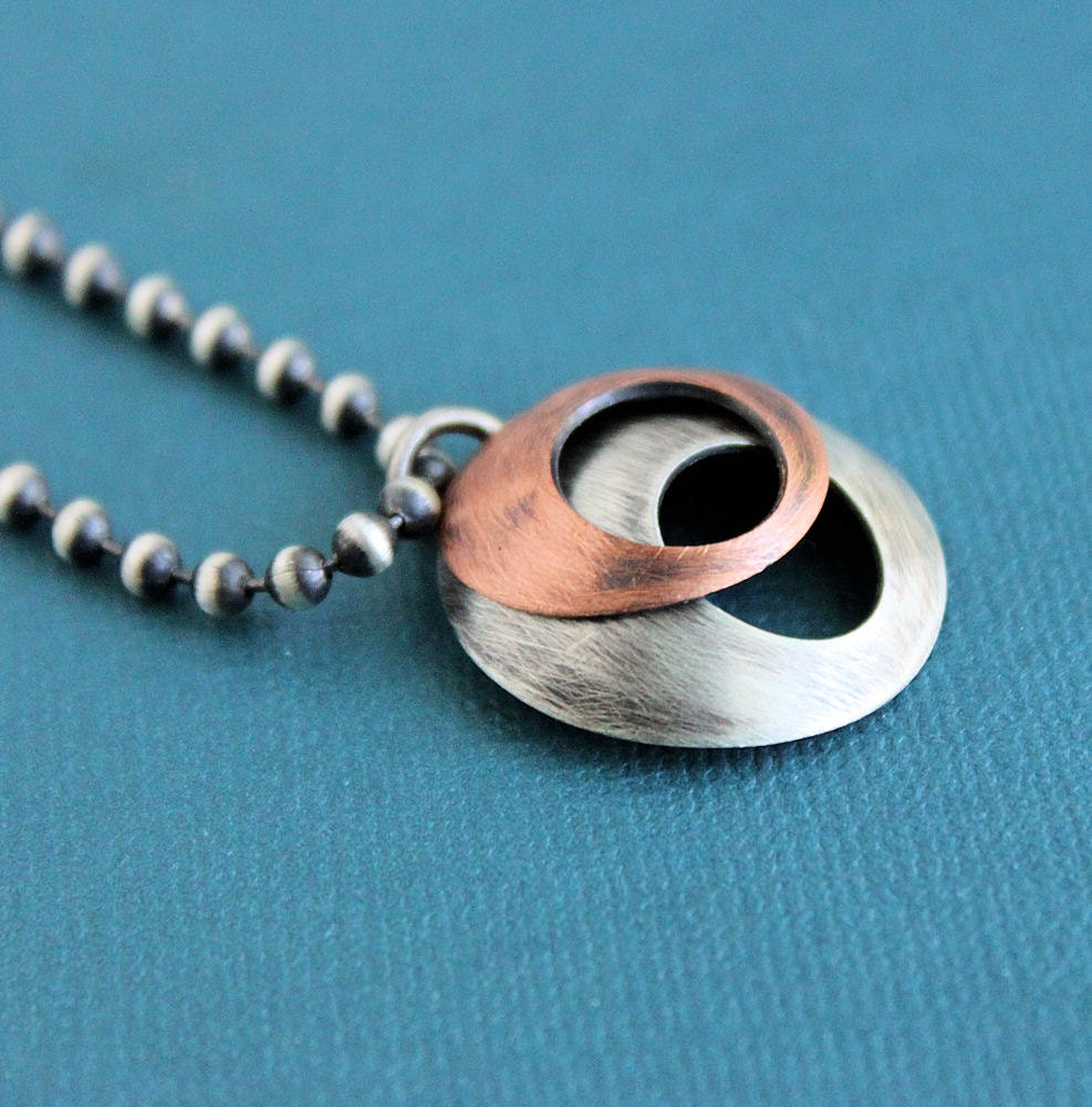 Mens Silver Chain Copper Disc Necklace Round Domed Pendants