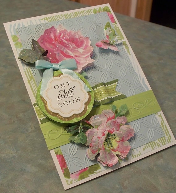 Handmade Floral Get Well Card With Jumbo 3-d Roses