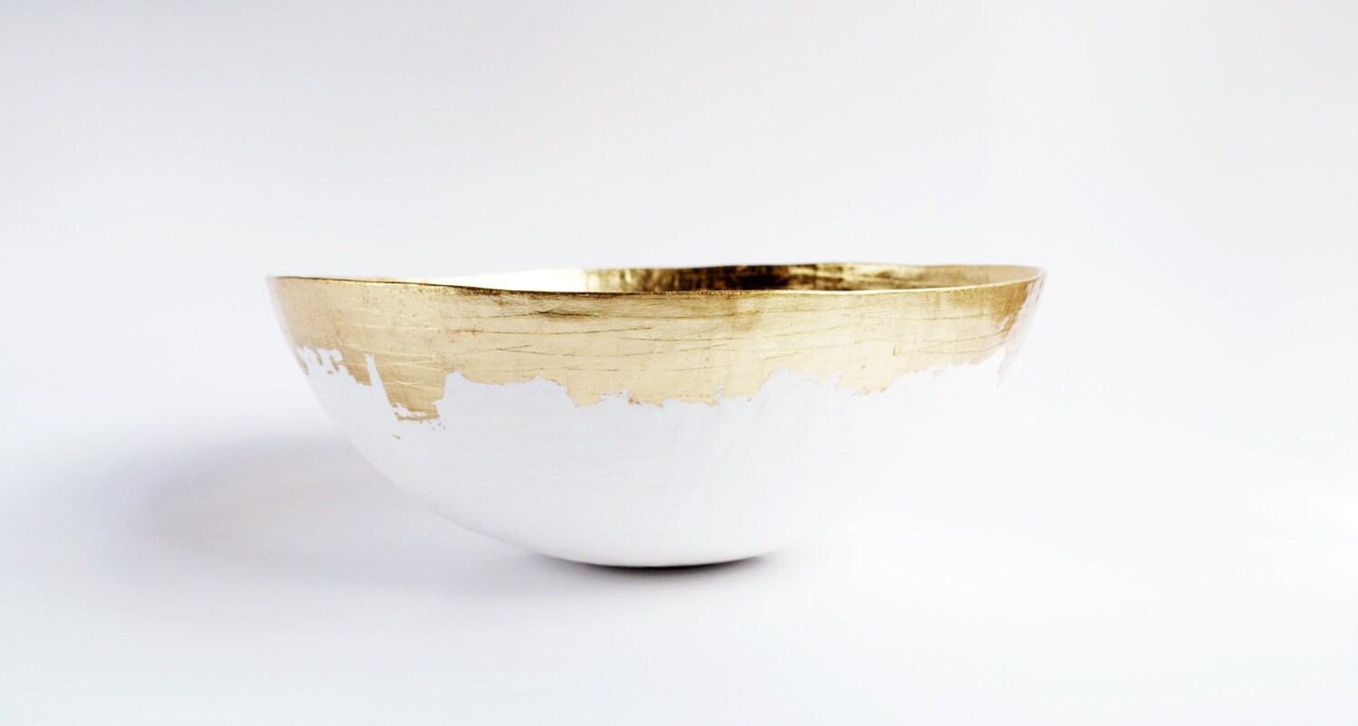 Large Paper Mache Bowl in White and Gold