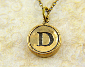 Letter D Necklace- Bronze Initial Typewriter Key Charm Necklace - Gwen Delicious Jewelry Design GDJ