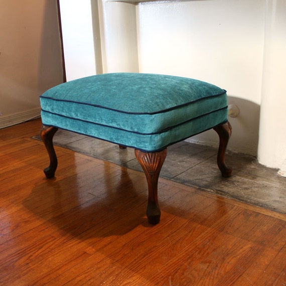 Turquoise Velvet Ottoman with Navy Blue Trim Vintage by PinkPianos