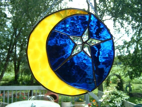 stained moon glass panel suncatcher bevel stars sun came lead