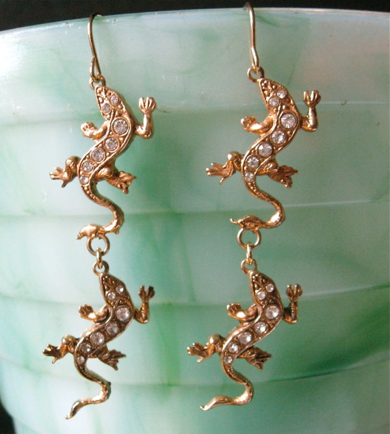 Kirks Folly Earrings Vintage Double Salamander/Lizard gold