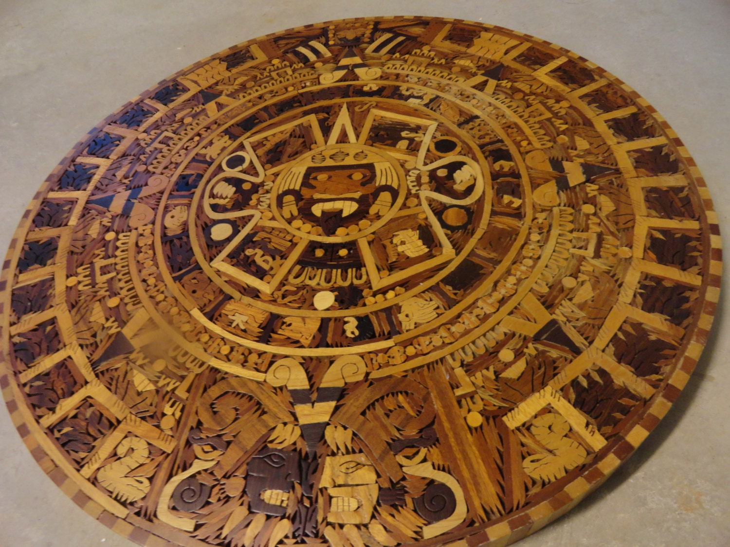 SALE Vintage AZTEC Calendar MARQUETRY Wood Inlay Wall Hanging