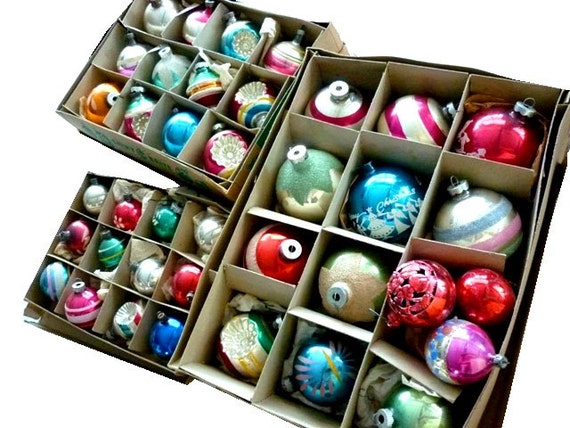 3 Boxes of late 1930s 1940s Christmas Ornaments by VintagePickle