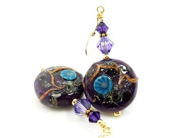Purple Earrings, Lampwork Earrings, Glass Earrings, Glass Bead Earrings, Gold Filled Earrings, Beadwork Earrings, Unique Earrings