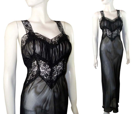 Vintage 1940s Sexy Sheer Burlesque Black Nylon Negligee