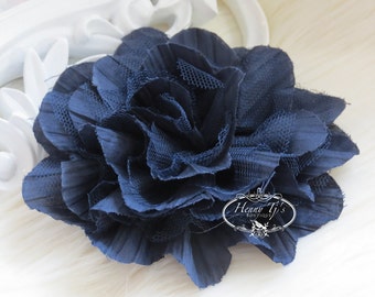1 pc New Large Shabby Chic Frayed Wrinkled Cotton Voile and Tulle Rose Fabric Flower - NAVY BLUE