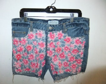 Repurposed Denim Shorts with Lace, Beads and Silk Flowers