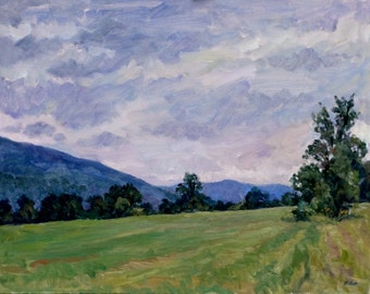 Summer Fields, Overcast Berkshires. Realist Oil Painting Landscape, 11x14 Plein Air Impressionist Oil on Panel, Signed Original Fine Art